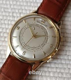 18KGOLD JAEGER LECOULTRE MEMOVOX WORLD TIME CAL K814 REF 3160 SWISS WATCH Ca1957