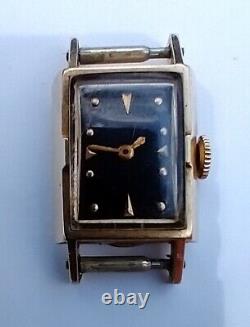 LeCoultre 14K Gold Ladies Wristwatch Vintage Black Rectangular Dial Watch