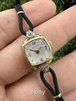 Vintage 14k Gold Jaeger LeCoultre Petite Diamond Wrist Watch with Black Cord Strap