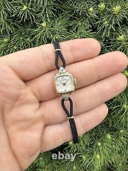 Vintage 14k Gold Jaeger LeCoultre Petite Diamond Wrist Watch with Black Cord Strap