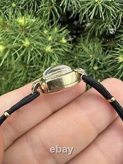 Vintage 14k Gold Jaeger LeCoultre Petite Diamond Wrist Watch with Black Cord Strap