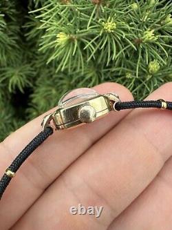 Vintage 14k Gold Jaeger LeCoultre Petite Diamond Wrist Watch with Black Cord Strap