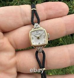 Vintage 14k Gold Jaeger LeCoultre Petite Diamond Wrist Watch with Black Cord Strap