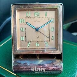 Horloge de pont pliante LeCoultre Art Déco des années 40 avec cadran saumon et alarme fonctionne